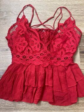 Free People Intimately Idella Cami Lace Peplum Tank Top Cherry Red Medium